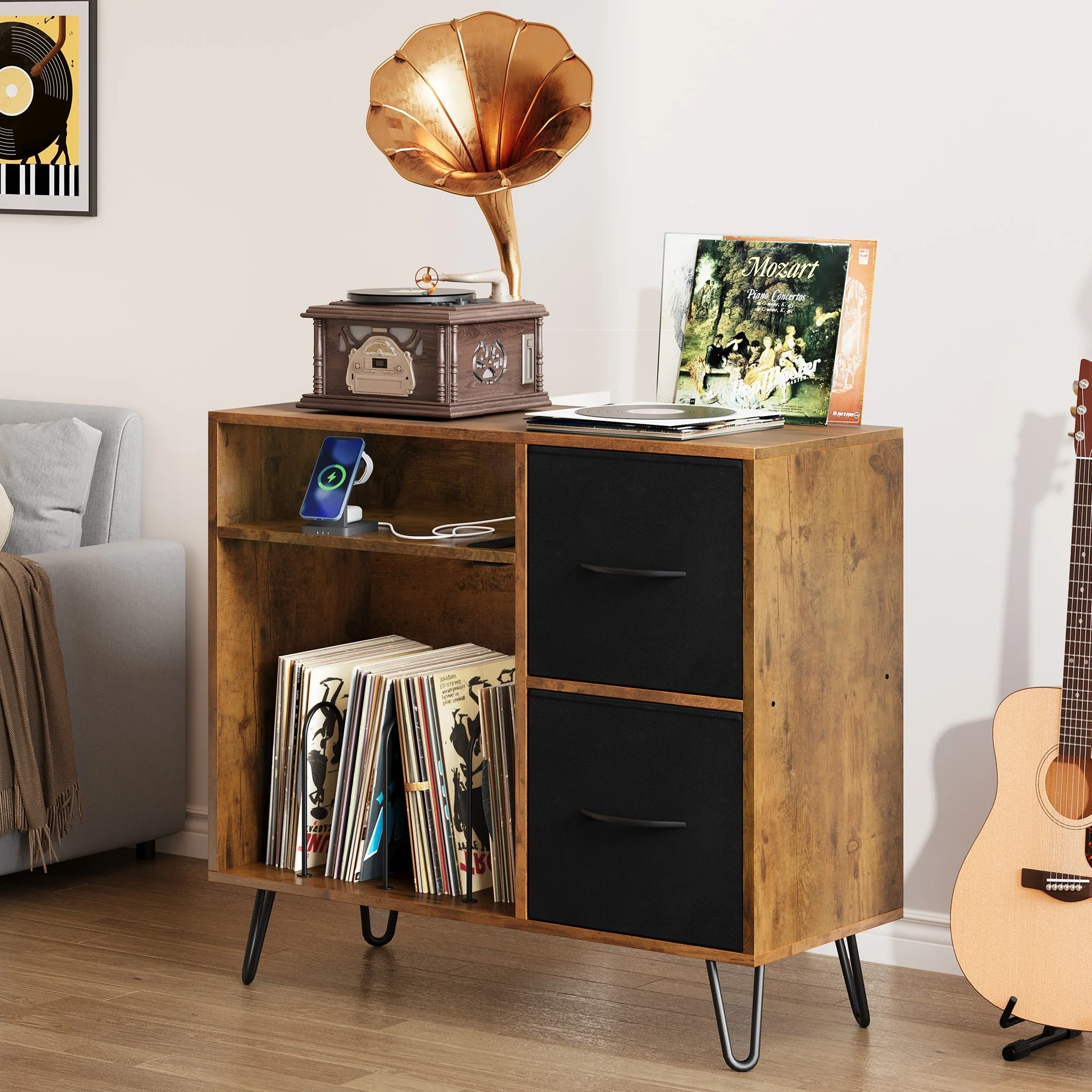 Moasis Wooden Accent Cabinet with Plug, Doors, Drawers, Wood Grain