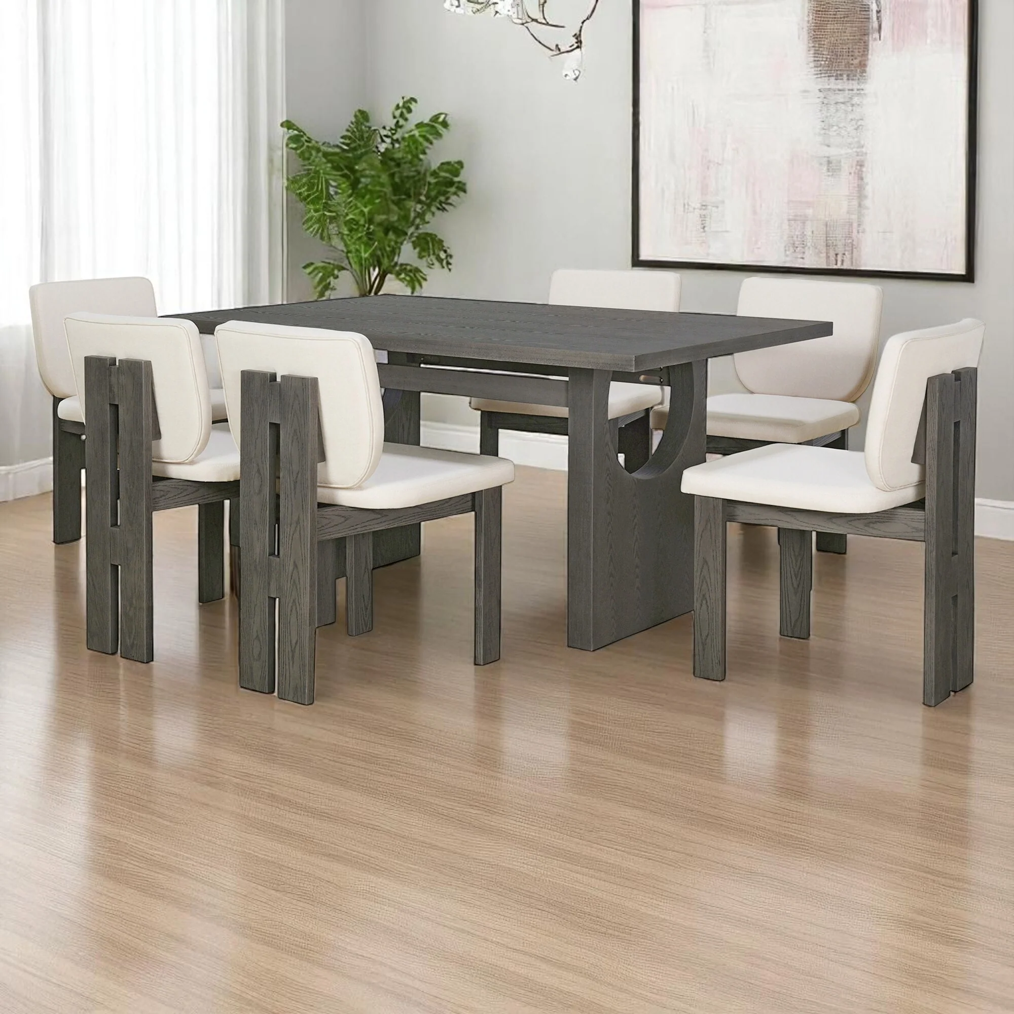 7-Piece Dining Table Set with 6 Upholstered Chairs, MDF & Ash Veneer Table, Farmhouse Dining Set for Kitchen & Dining Room