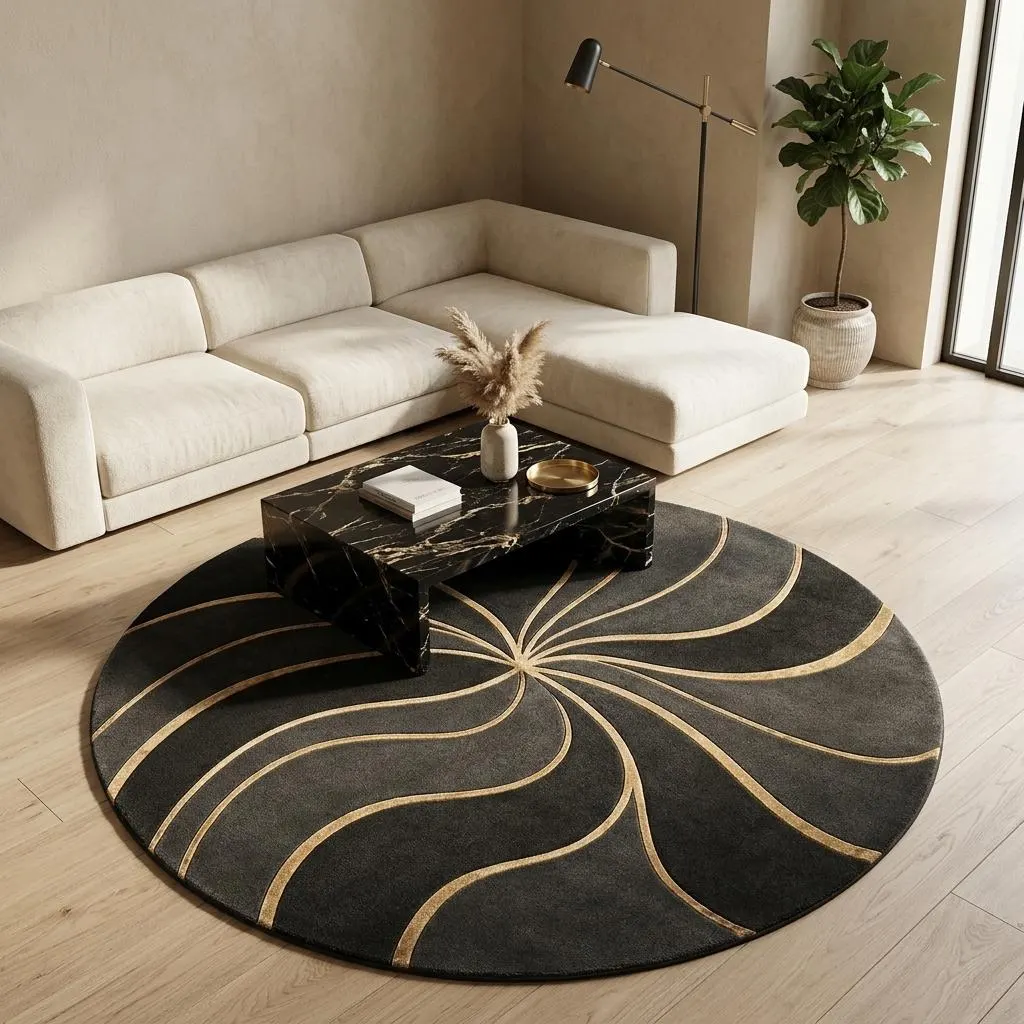 Black Gold Round Rug, Hand Tufted Wool Area Rug, Abstract Flowing Pattern, Modern Luxury Statement Carpet