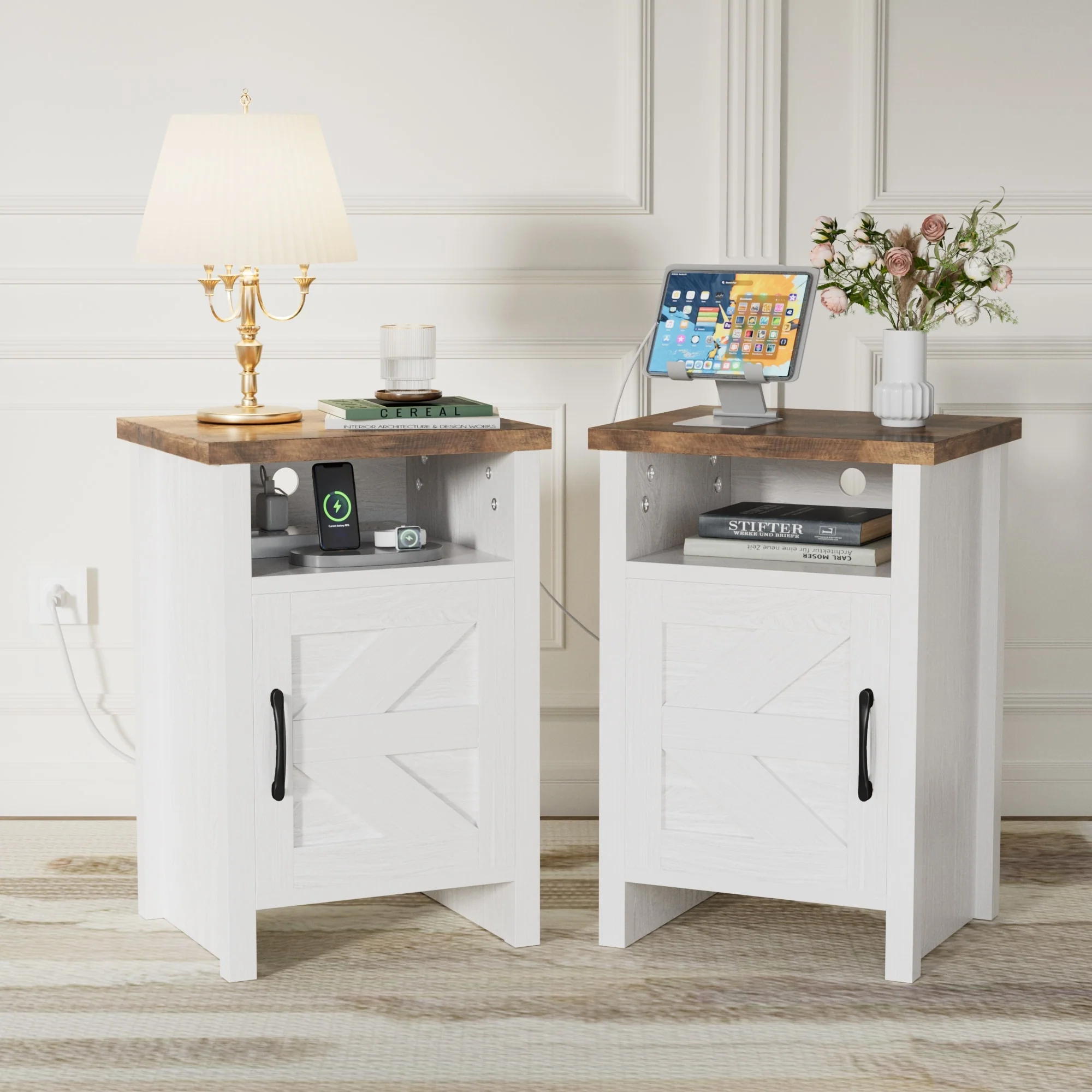 Furniwell Farmhouse Nightstand Set of 2 Side Table with Storage, Living Room