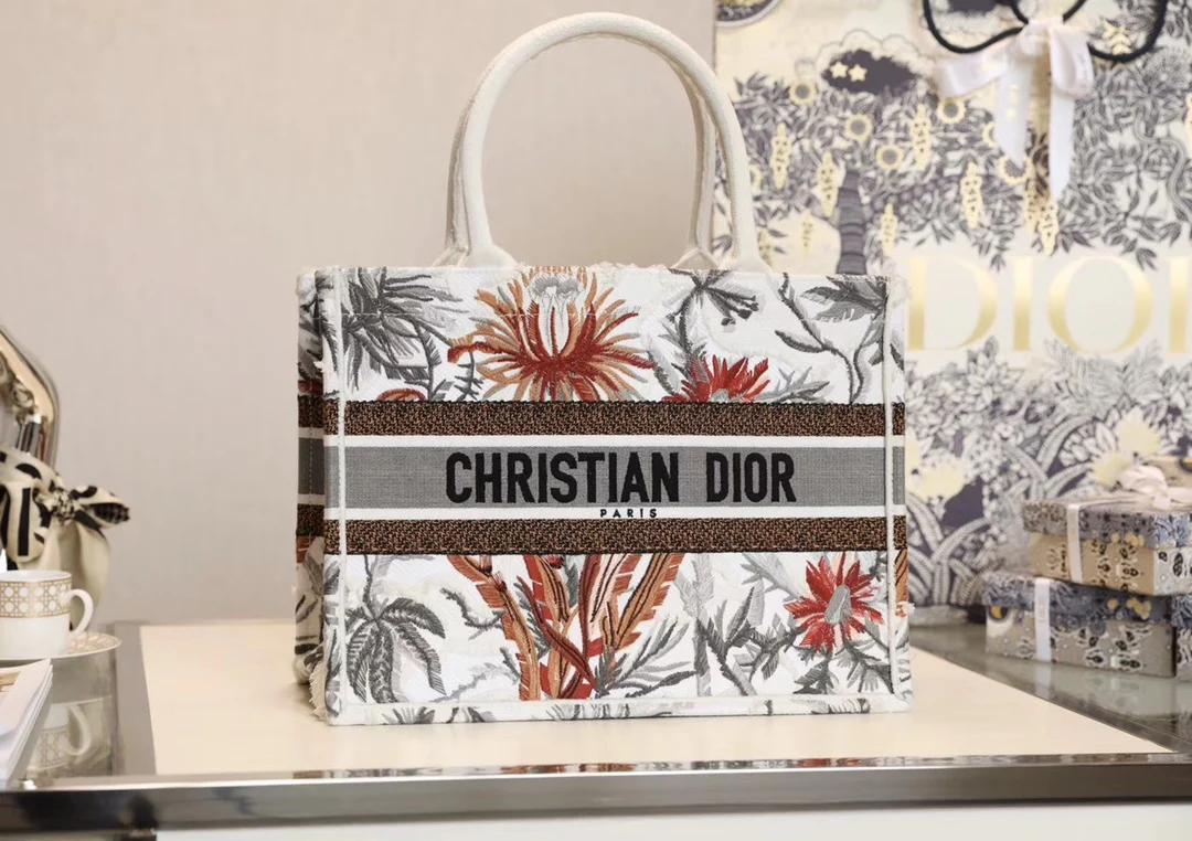 Dior  Book Tote White Multicolor Dior Petites Fleurs Embroidery