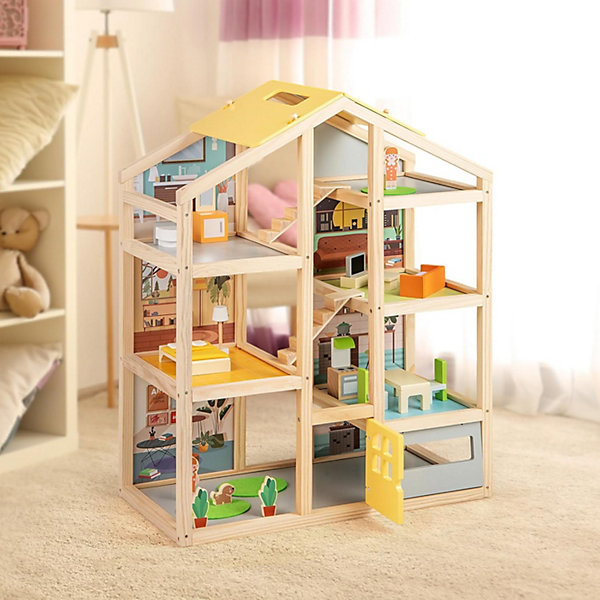 Maison de Poupee en Bois, Maison de Rêve à 4 étages avec 24 Accessoires, 7 Chambres, 2 Figurines