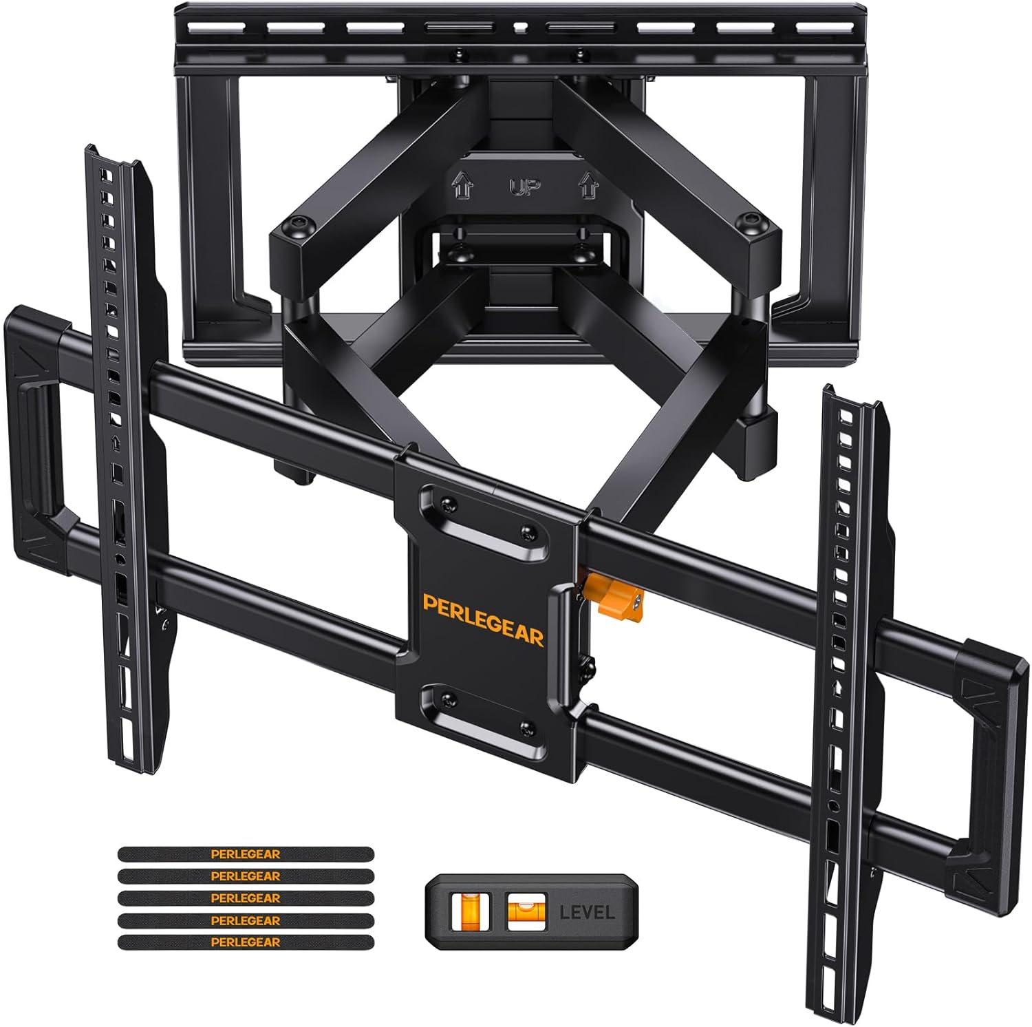 Perlegear UL Listed Full Motion TV Wall Mount for 42-90 TVs up to 132lbs, Heavy Duty TV Mount with Dual Articulating Arms, Tool-Free Smooth Tilt, Swivel, Fits 16 Studs, Max VESA 600x400mm, PGLF8