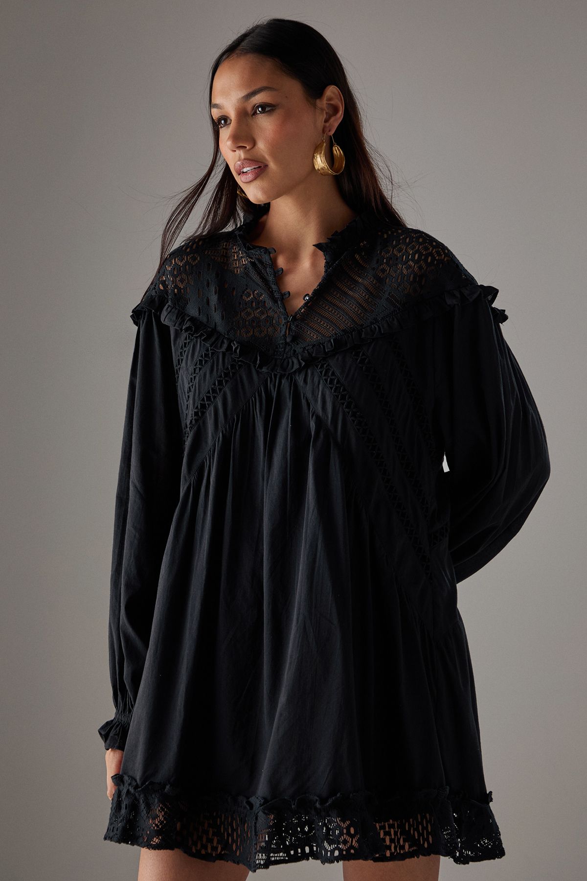 Warehouse HCD Cotton Lace Insert Mini Smock Dress