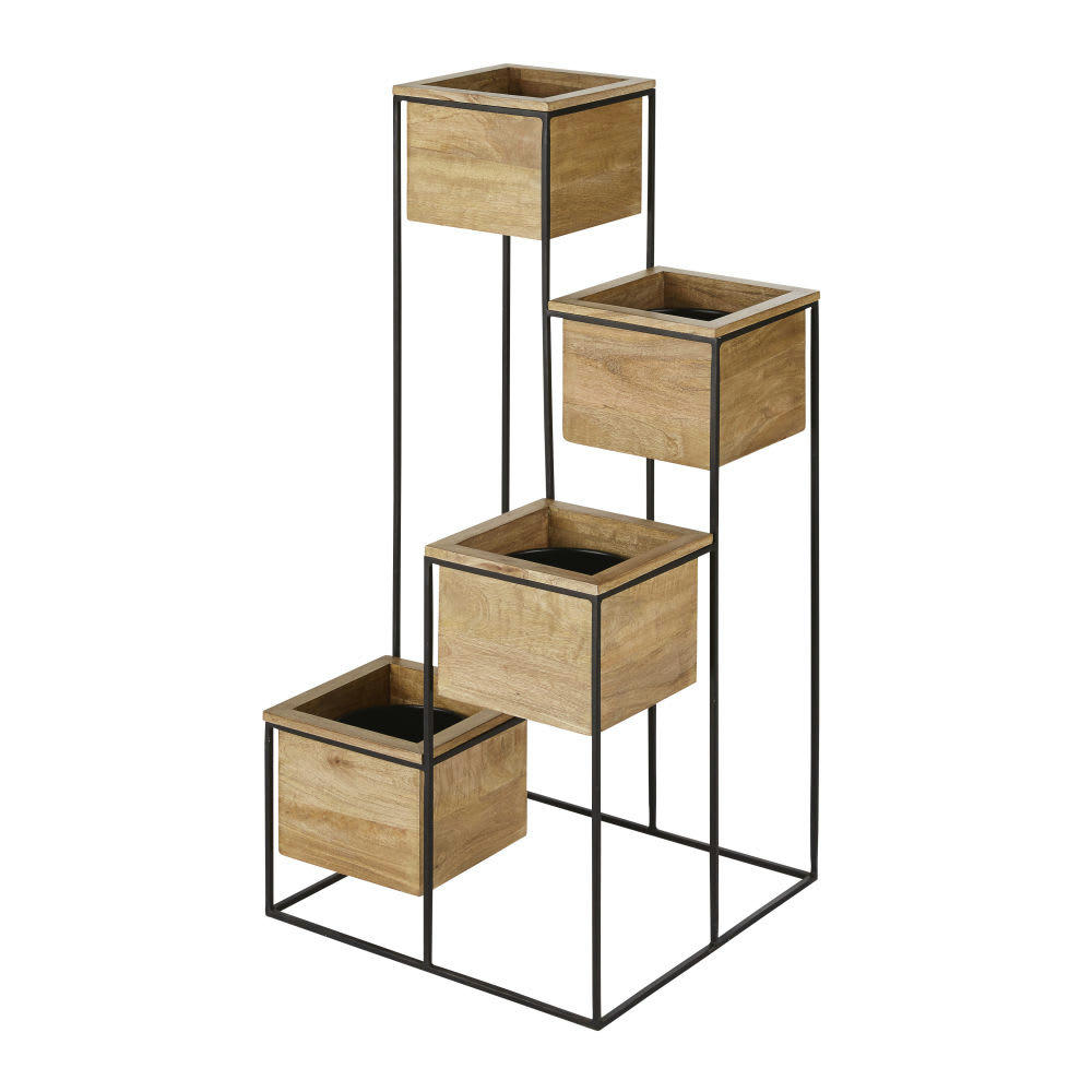 - Bac 4 plantes en manguier et fer recyclé noir