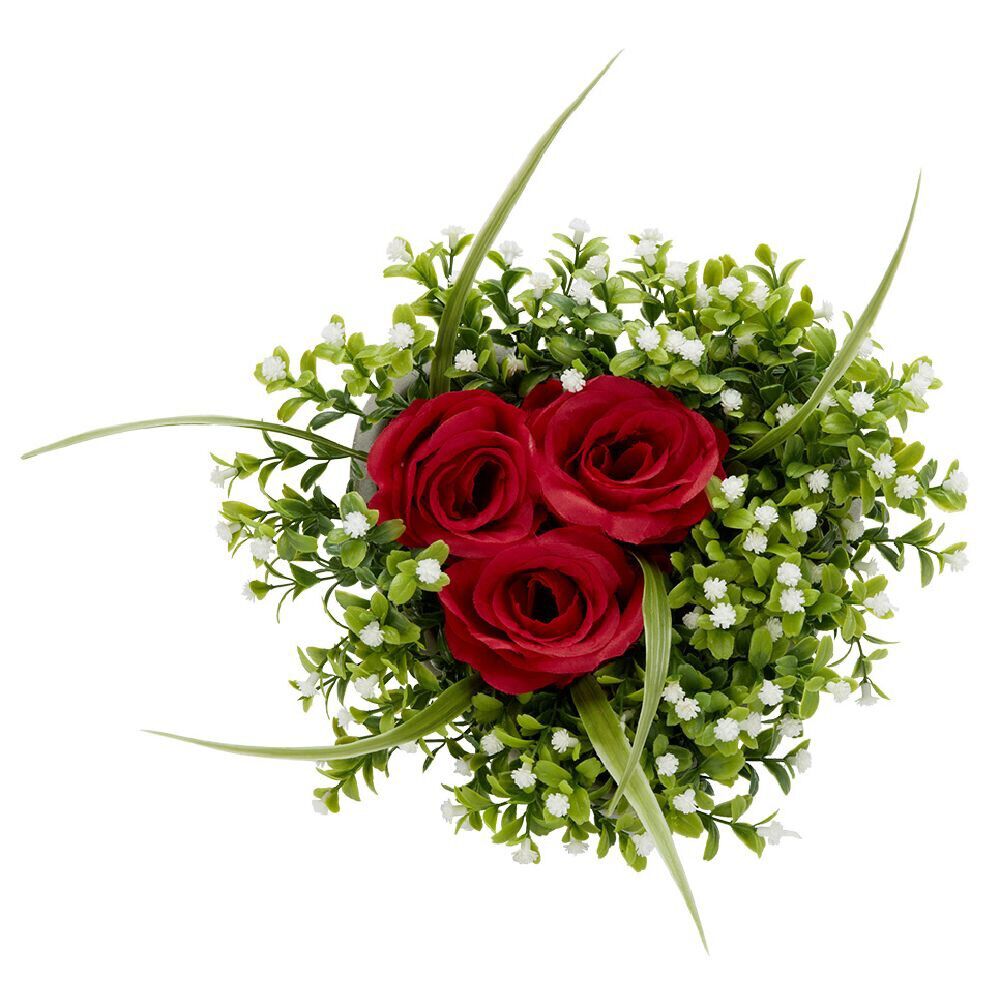 Composition fleur artificielle rose rouge pot ciment forme coeur