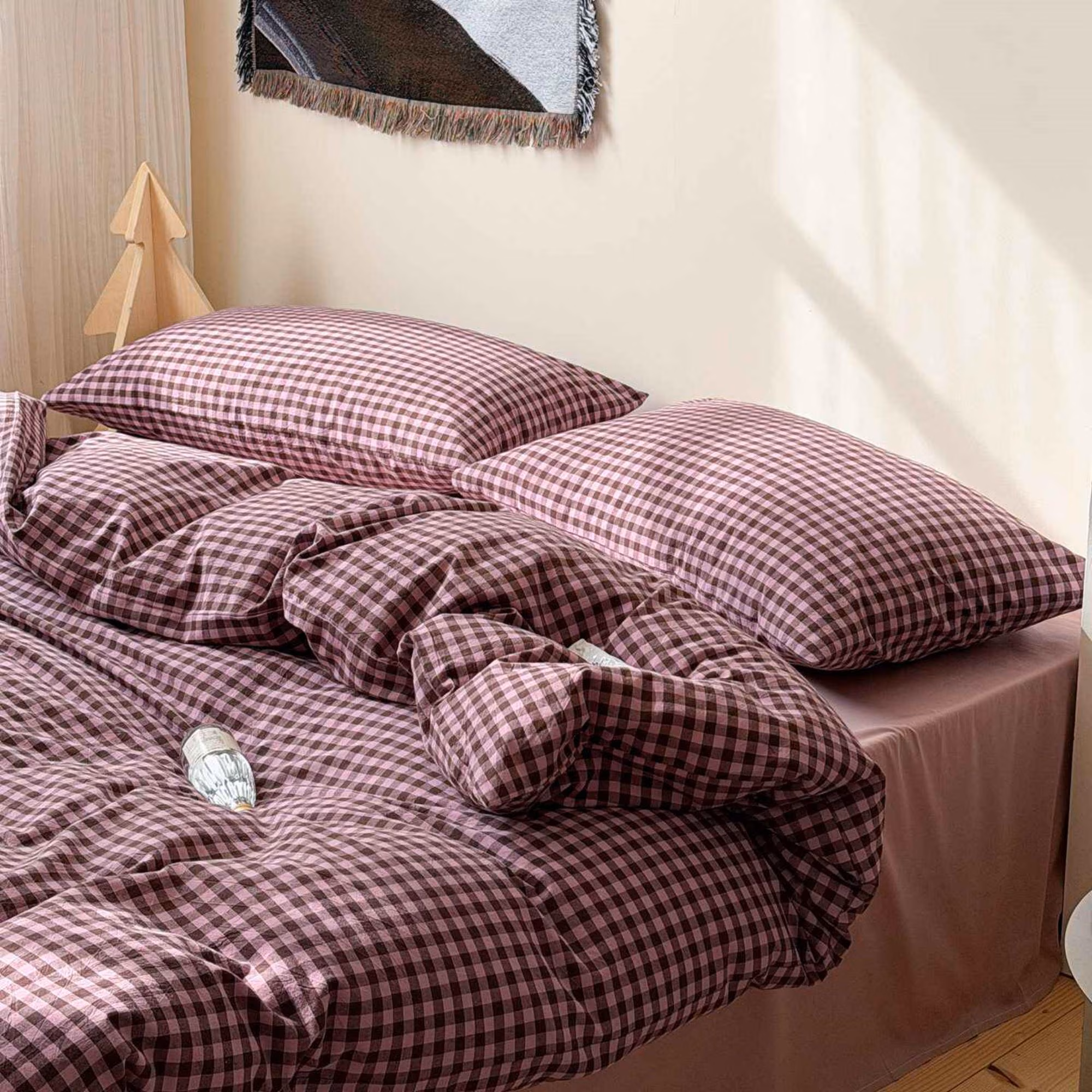 Raspberry Pink Bedding Set 100% Cotton Gingham Bedding Set 4PCS/Set Plaid Duvet Cover Set with Pillowcases &Flat Sheet Full Queen Size