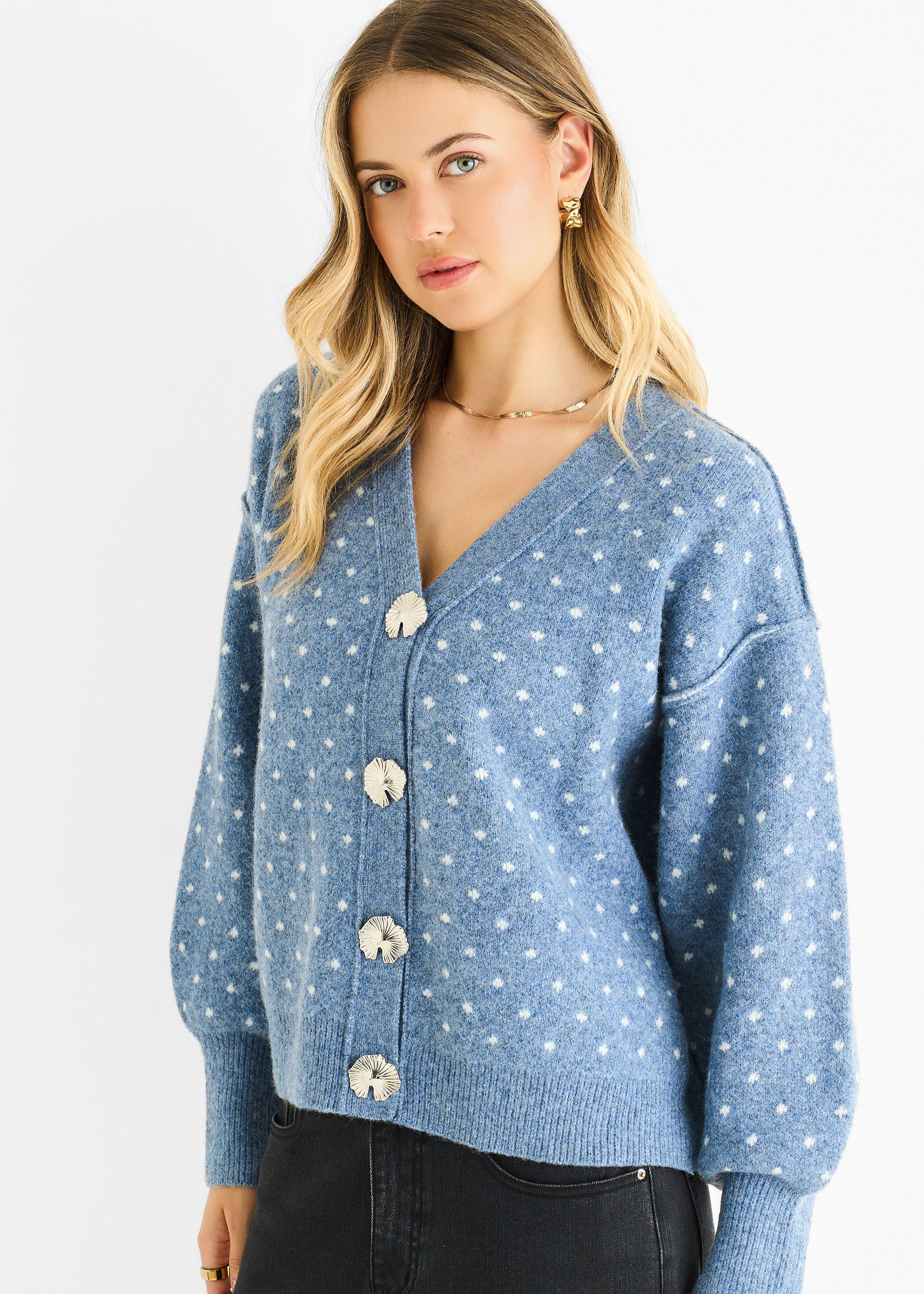 Gini London Denim Spot Print Button Cardigan Look Jumper