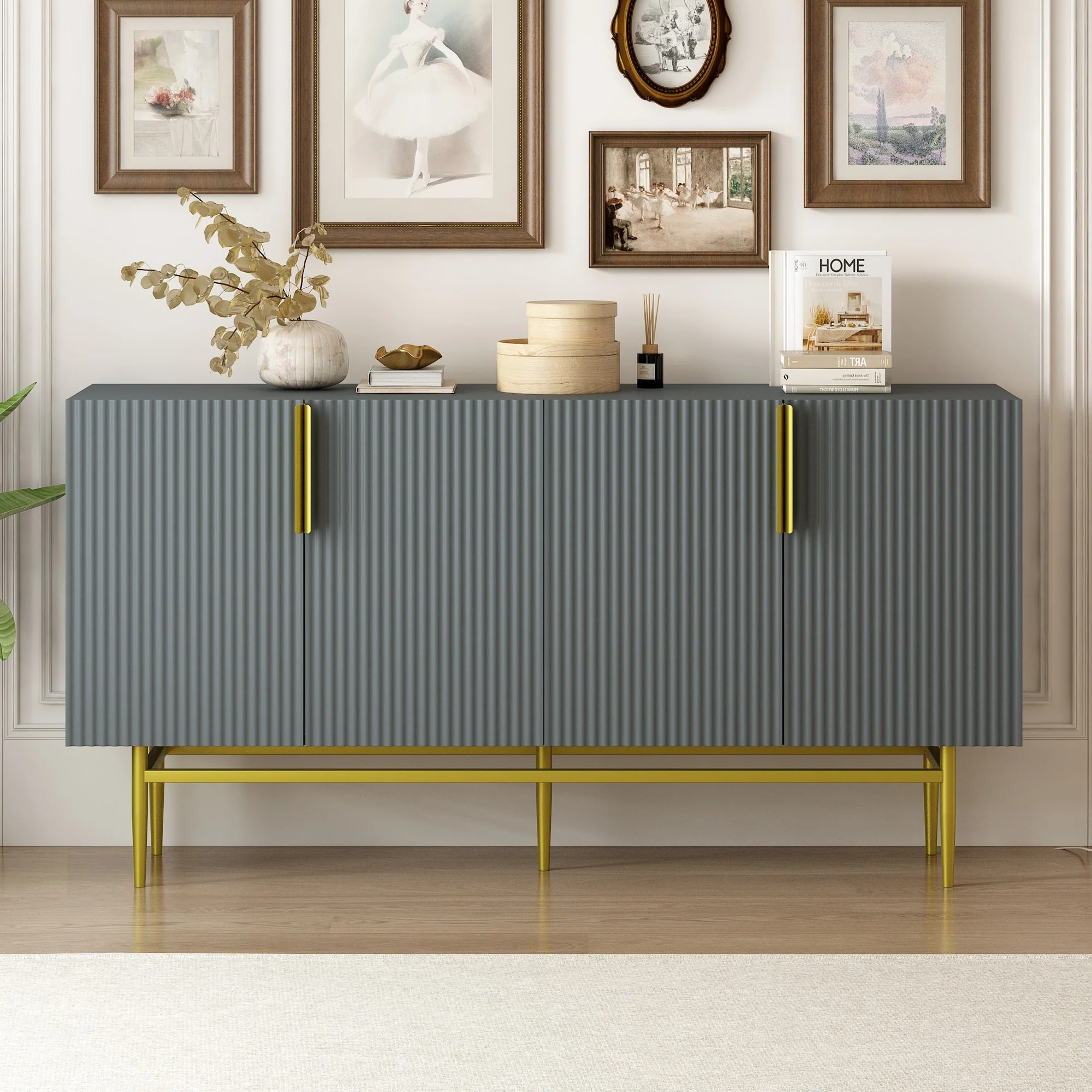Modern Elegant 4-door Sideboard Gold Metal Handle Buffet Cabinet