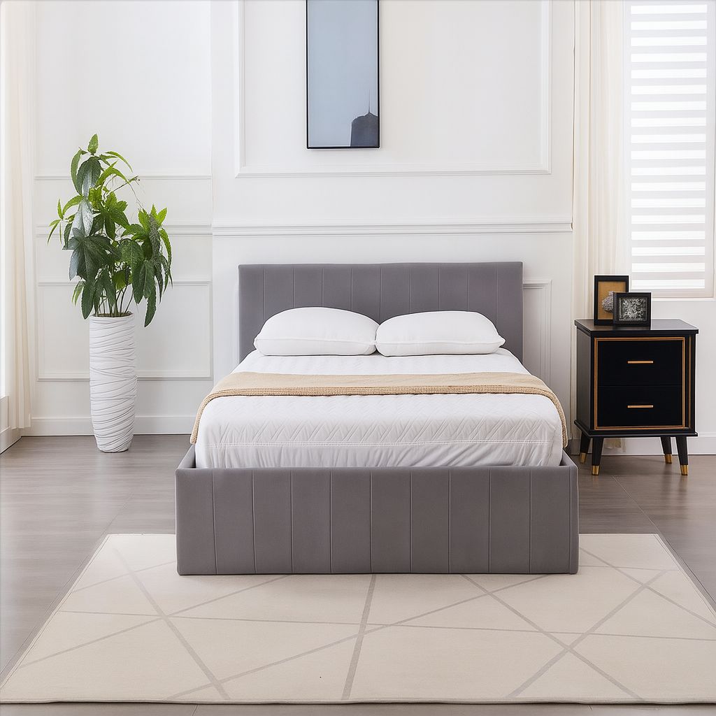 KOSY KOALA Ottoman Bed Gas Lift Storage Grey 4ft6 Double with 1 Mattress Line Pattern Velvet Bedroom