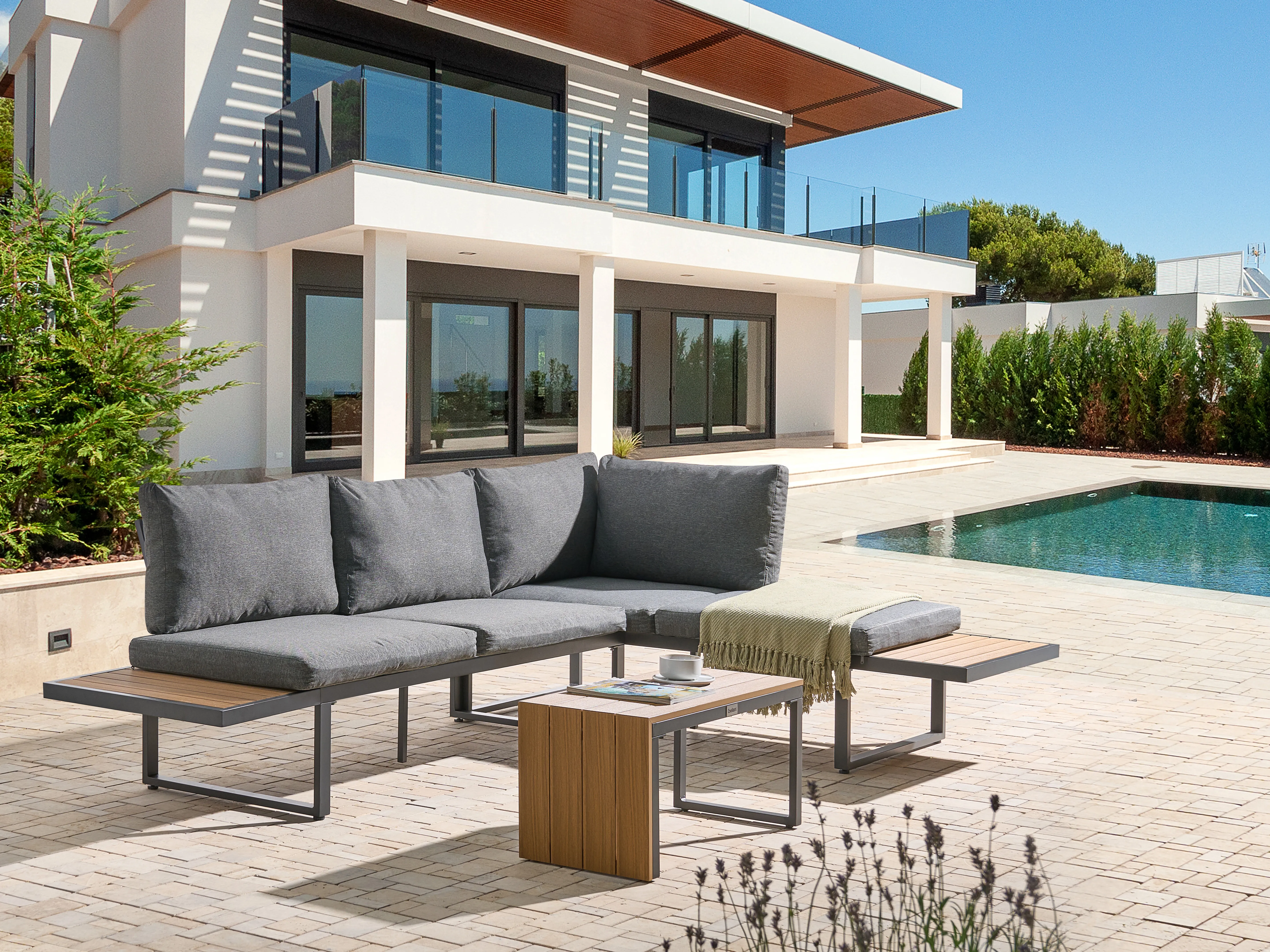 Garden Corner Sofa with Table 4 Seater PIENZA Left Hand Light Brown/ Grey