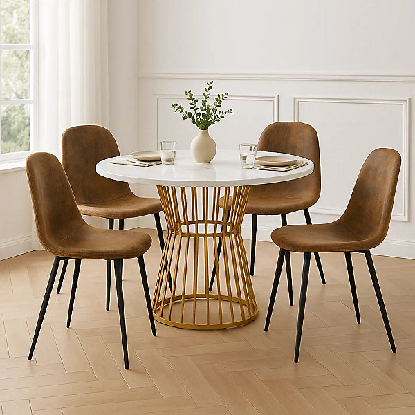 Ensemble table ronde marbre blanc doré avec 4 chaises brun