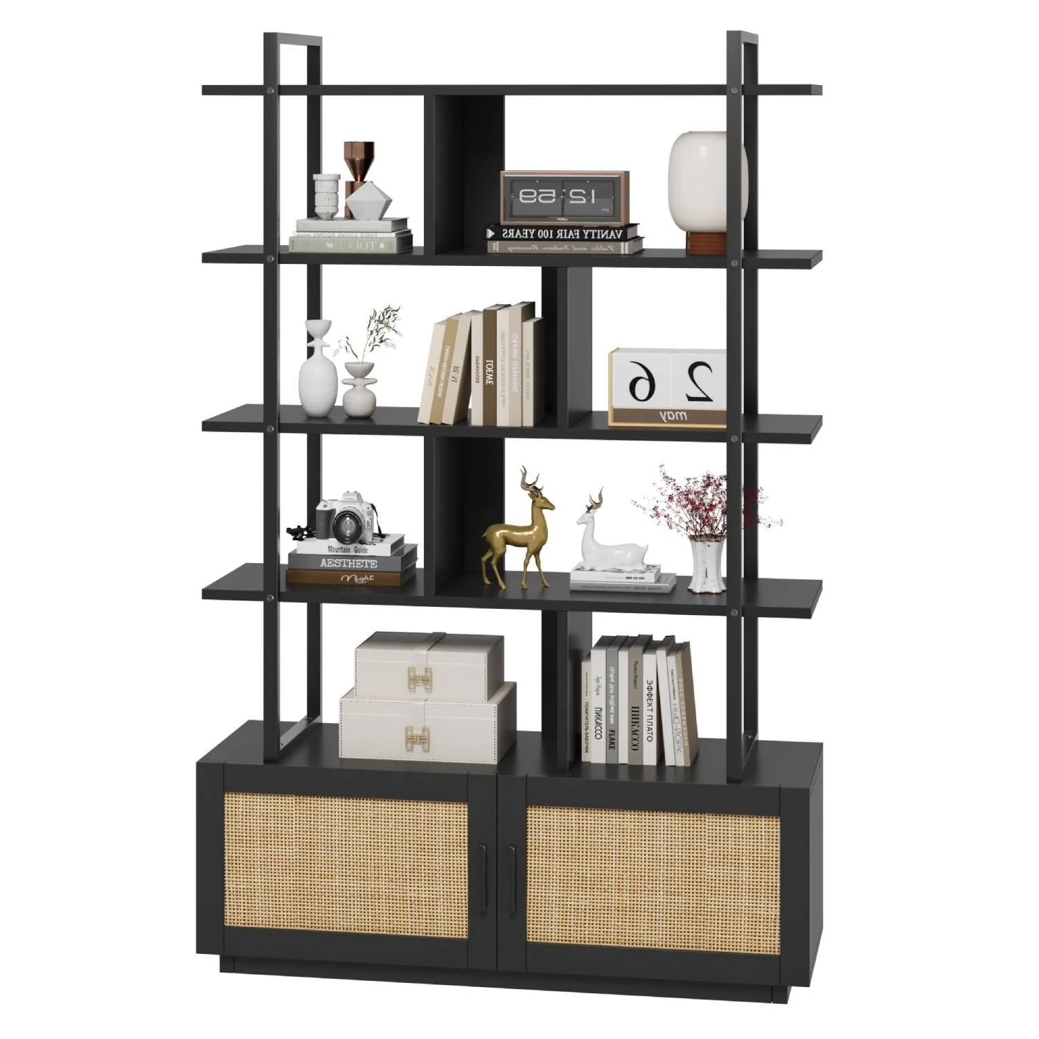 Rustic 5 Tier Rattan Bookcase with Storage Cabinet - N/A