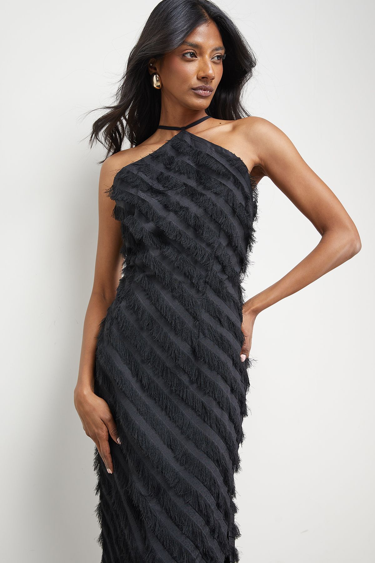 Warehouse Diagonal Fluffy Halter Maxi Dress