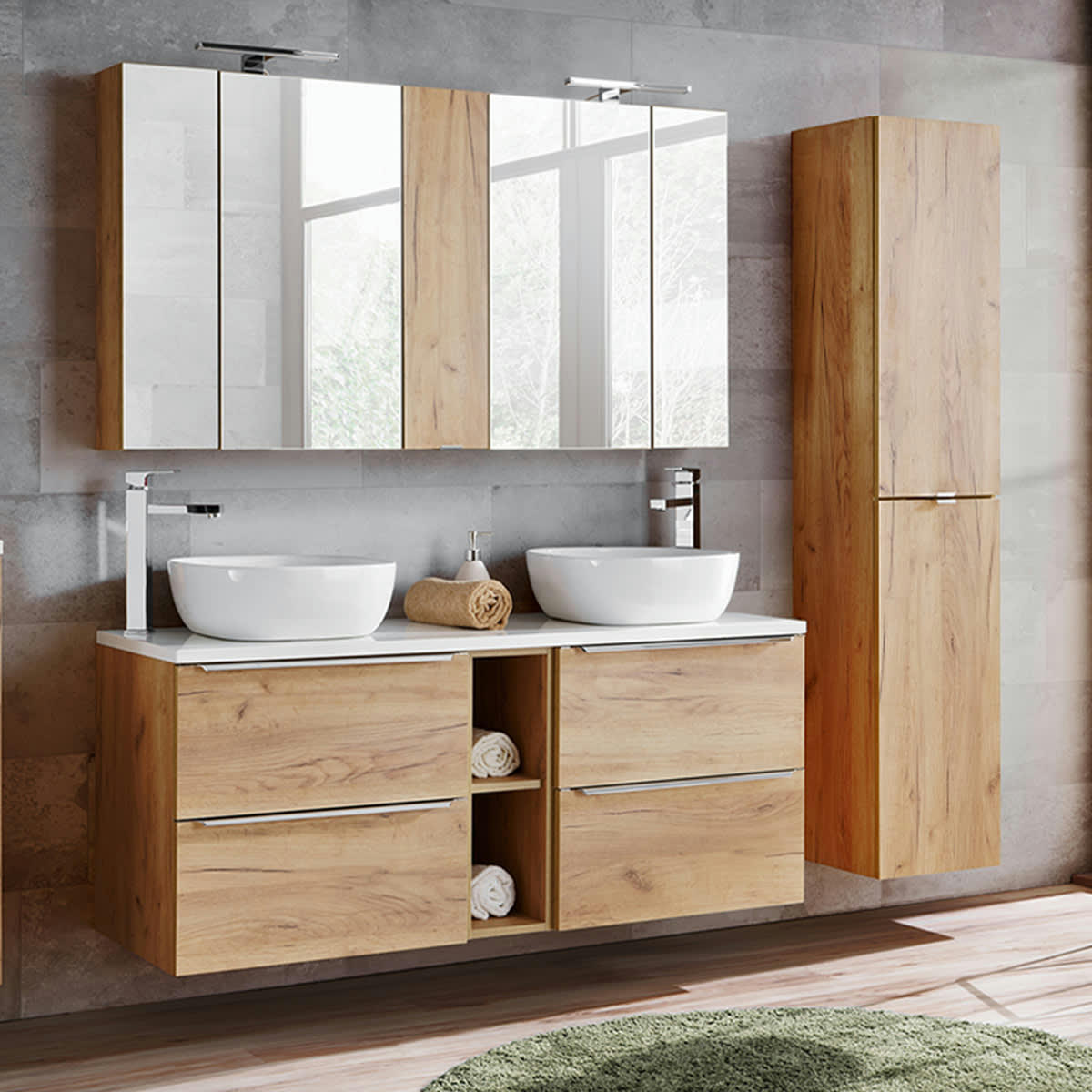- Ensemble meuble double vasque 140cm et colonne stratifiés naturel