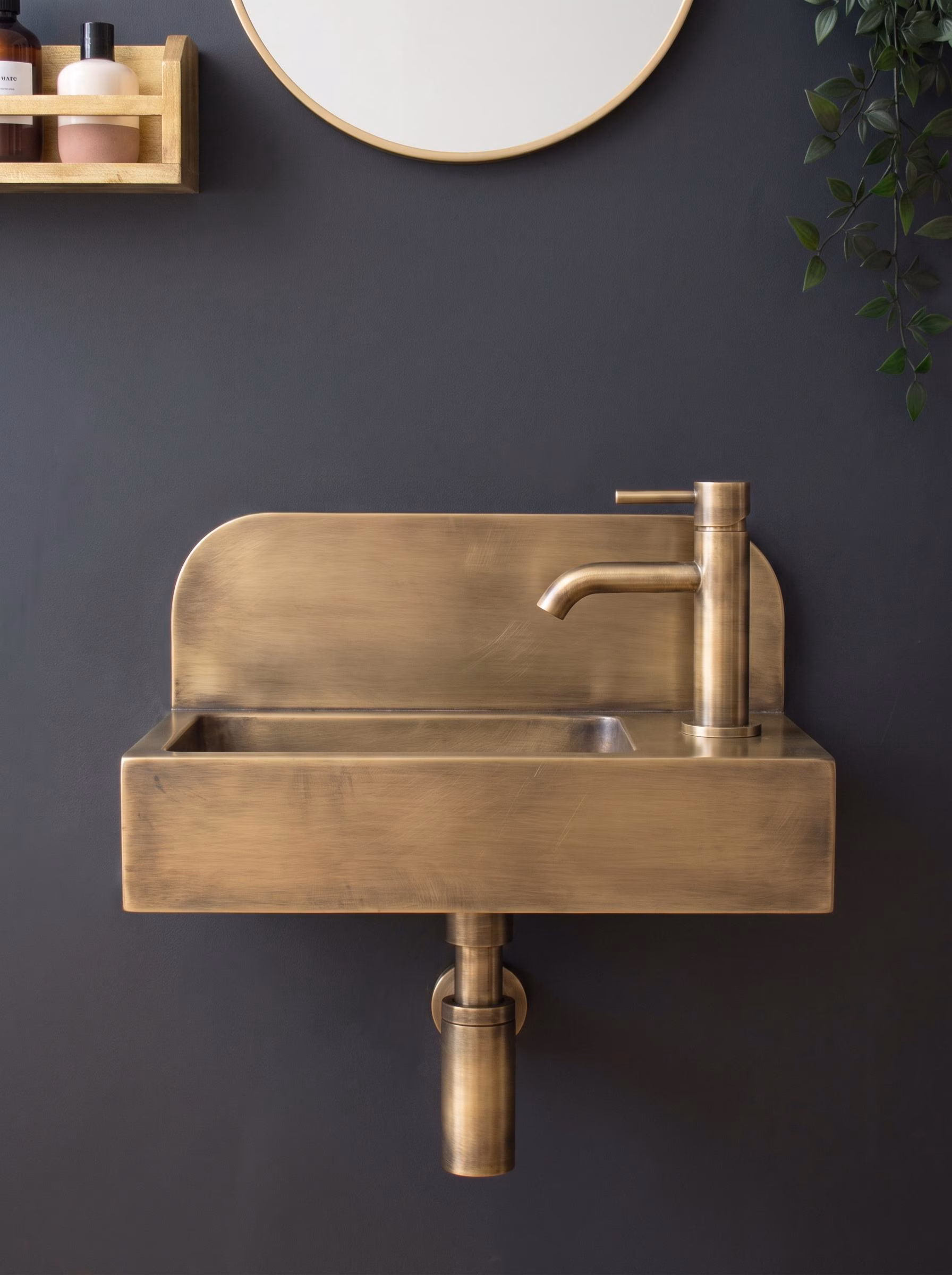 Aged Brass Wall Mounted Sink, Handmade Bathroom Basin, Luxury Powder Room Sink With Faucet & Bottle Trap Space Powder Room Sink