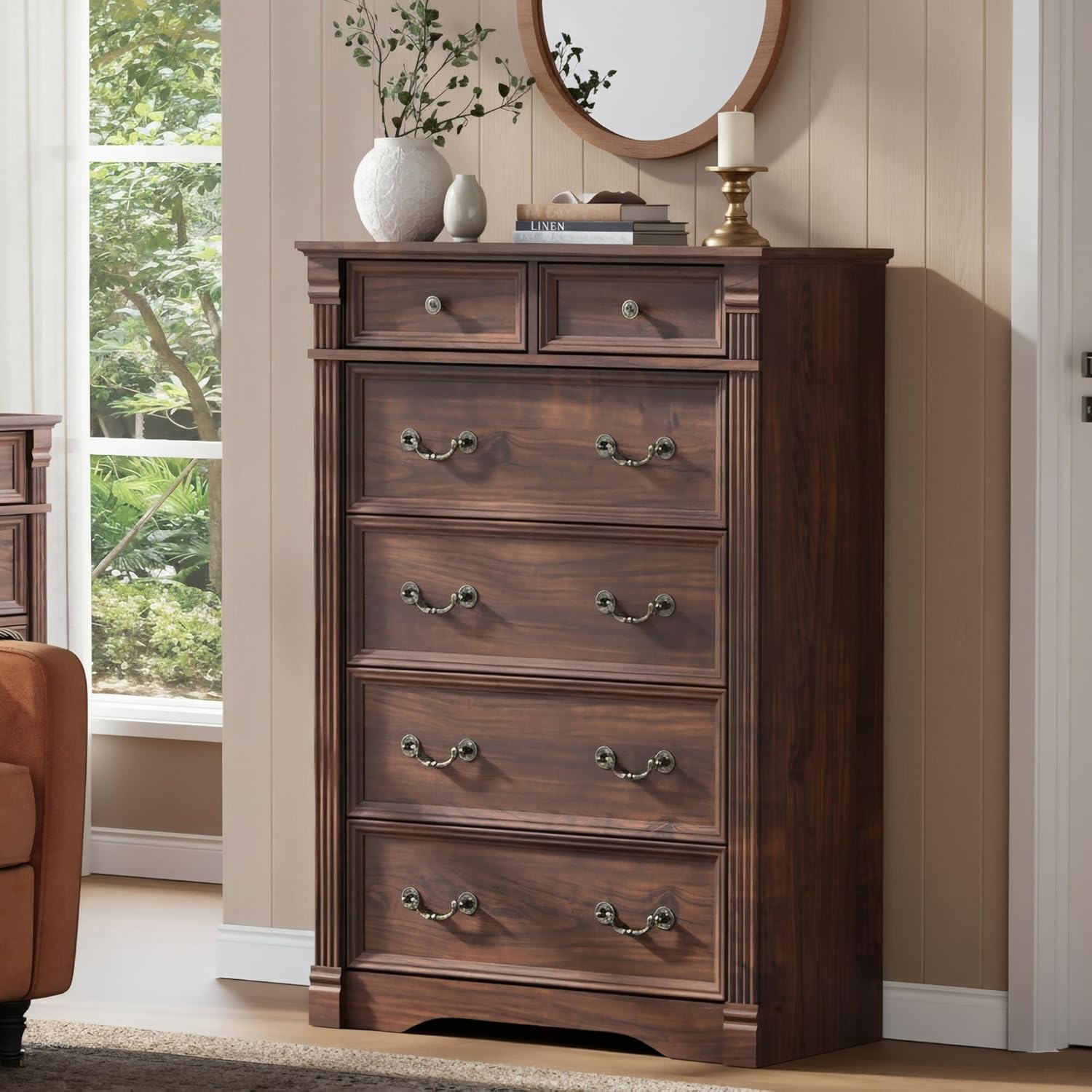 Walnut 6 Drawer Dresser for Bedroom, 47 Tall Dresser, Wood Rustic Chest of Drawers with Chic Wood Pilasters, Dressers Organizer for Bedroom, Hallway, Living Room