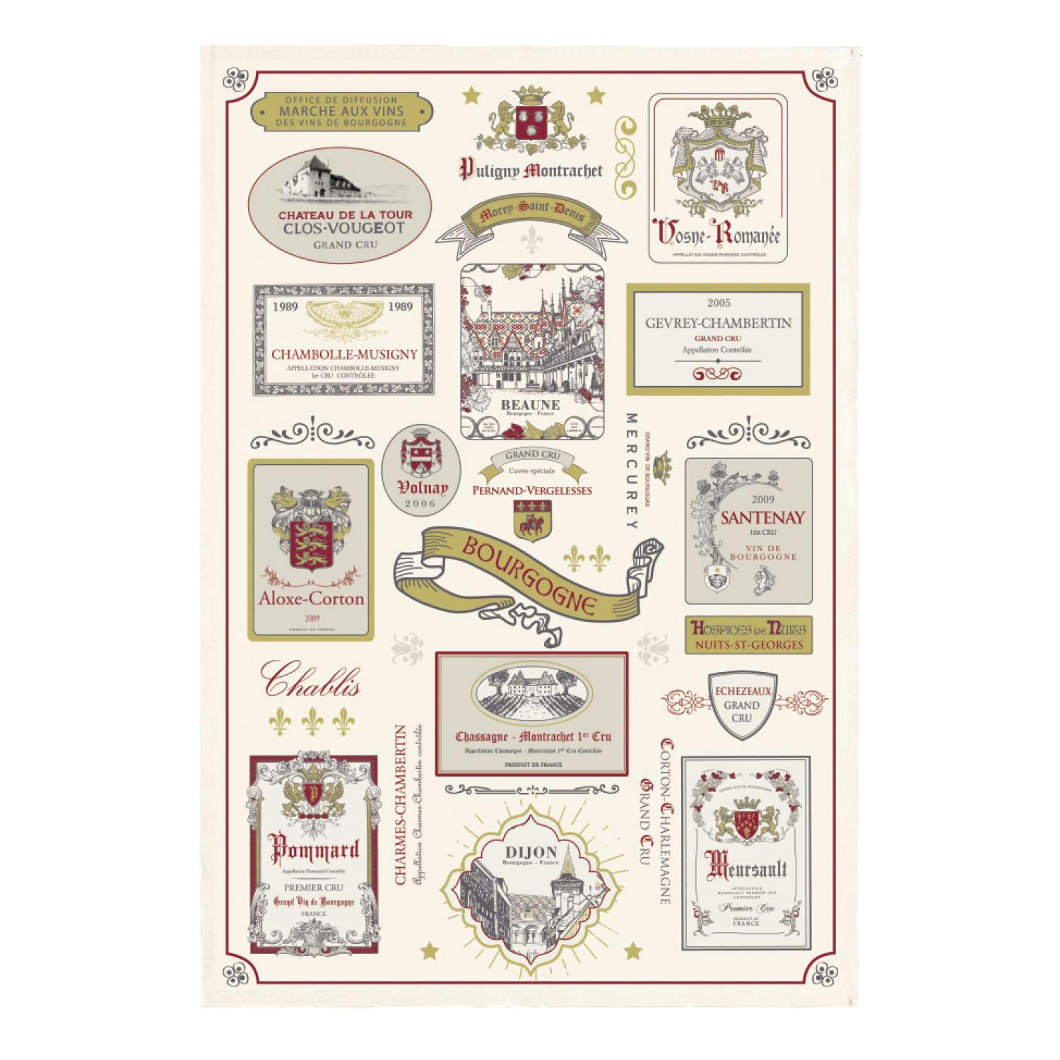 BOURGOGNE - Torchon multi-étiquettes  en coton ecru 48 x 72