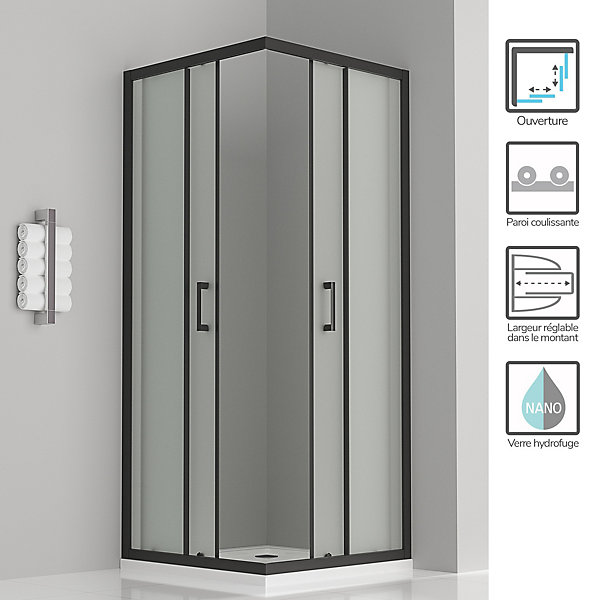 Cabine de douche LANABLACK H.190 cm portes coulissantes verre 6 mm opaque 75 x 75 cm - Saniverre