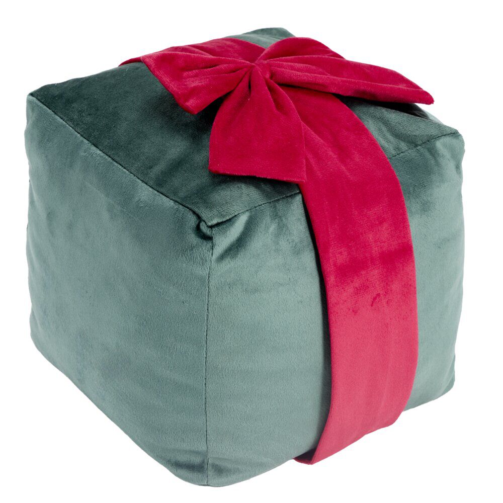 Coussin carré forme cadeau de No&euml;l ruban polyester L20X20XH20 cm (2 modèles vert ou rose)