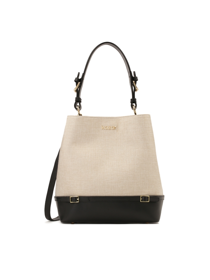 Handbag in canvas fabric and black leather