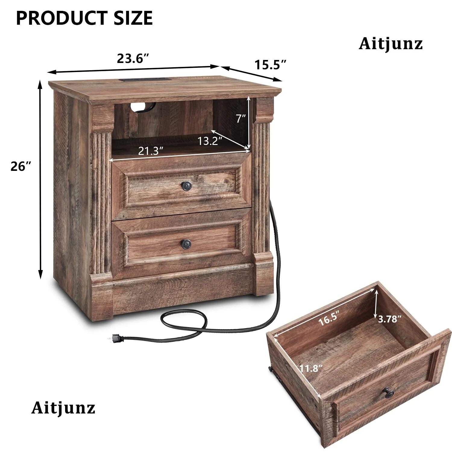 Farmhouse Nightstand with Charging Station - 26 Tall Rustic End Table w/Roman Columns & 2 Drawers for Bedroom & Living Room