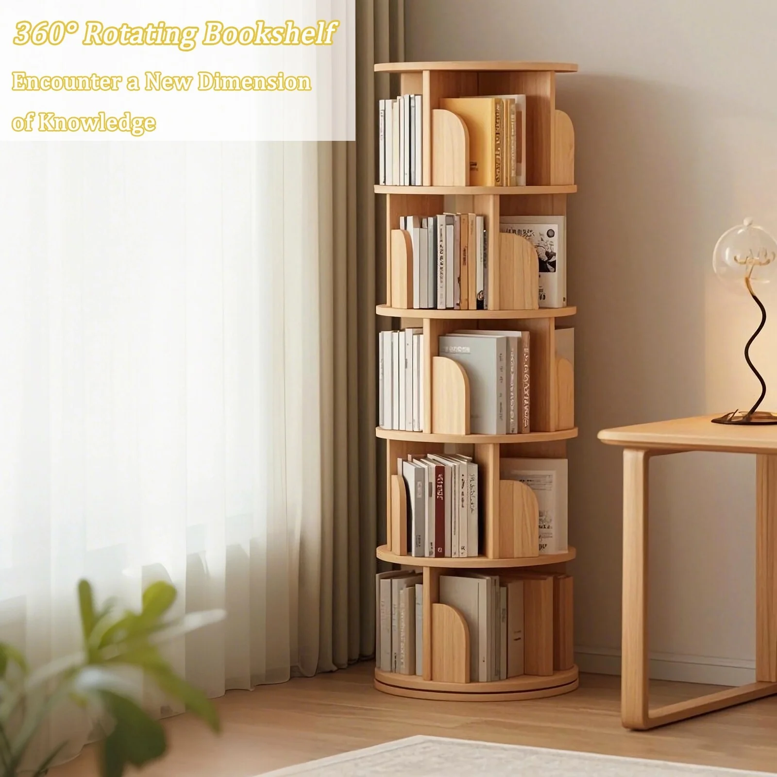5 Tier Rotating Bookshelf, 360° Display Round Spinning Bookshelf, Space-Saving