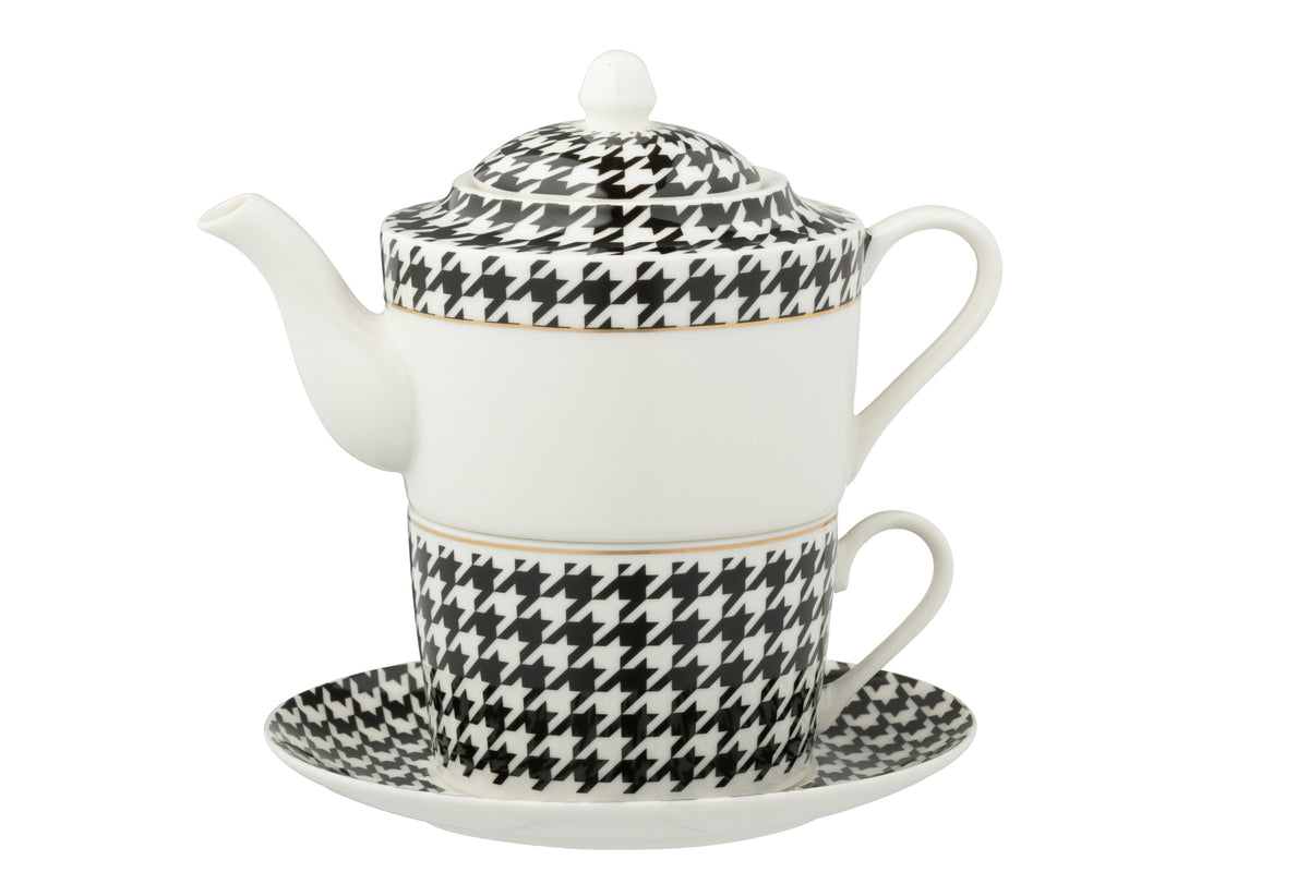 J-Line theepot Pied-Poule - porselein - wit/zwart