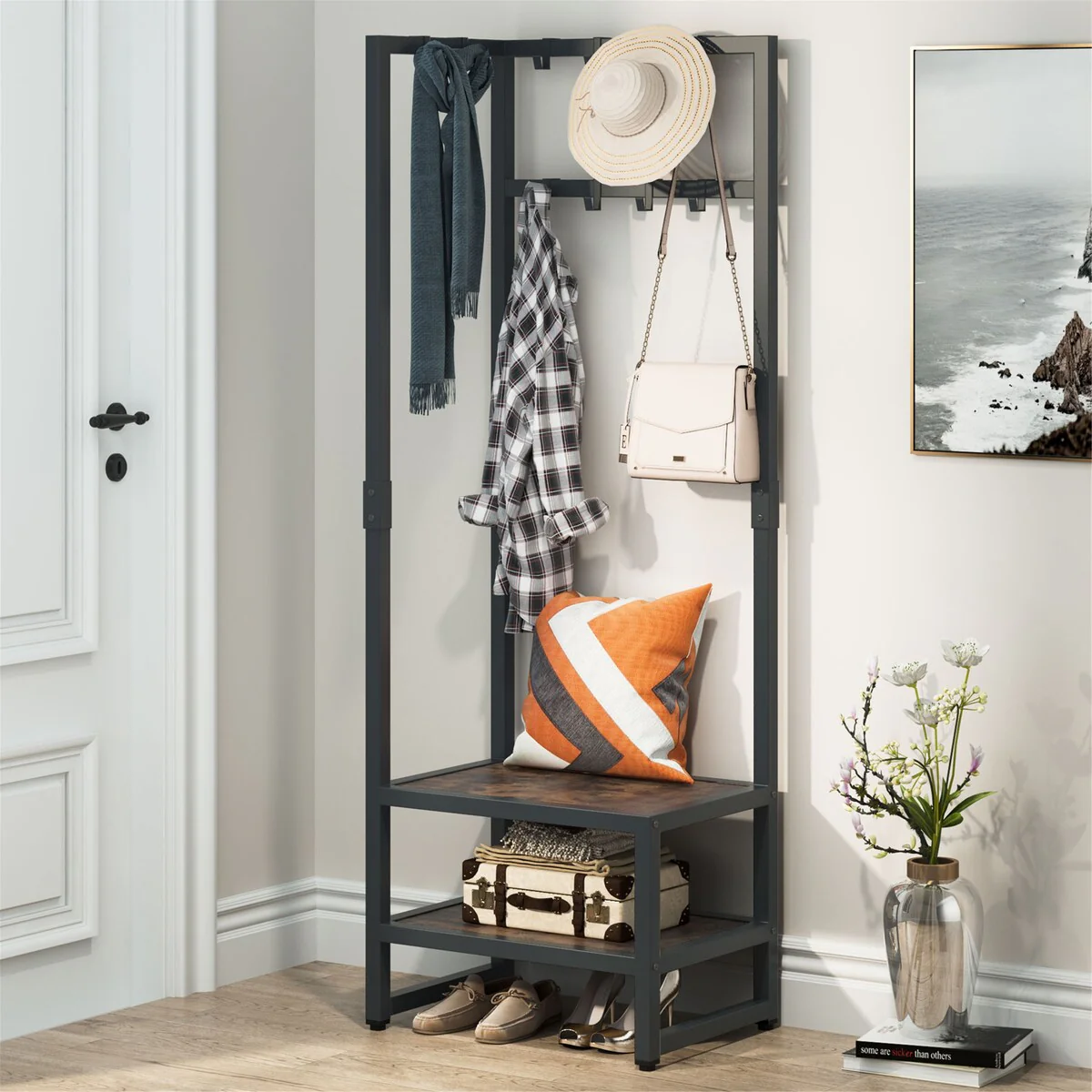 Coat Rack, Reversible Hall Tree with Shoe Bench for Entryway Storage Shelf - 22.4Lx15.74W