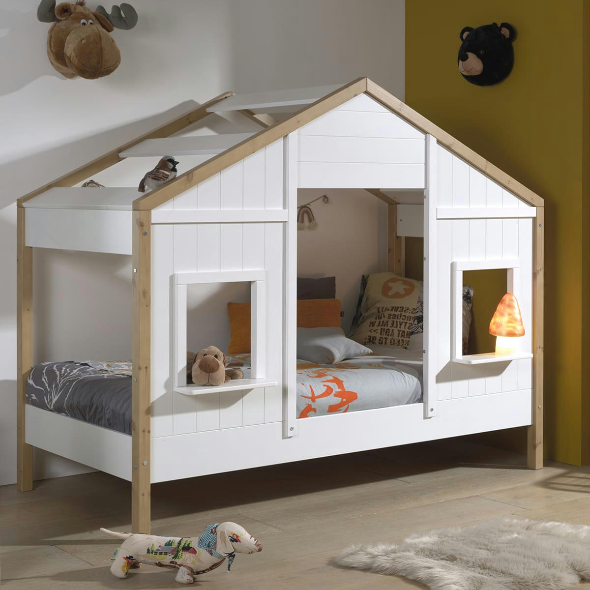LIT - Lit cabane 90x200 sommier inclus 2 fenêtres blanc naturel