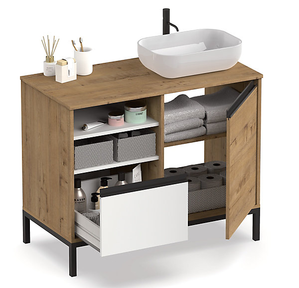 Meuble Vasque 1 porte   1 tiroir coloris chêne doré/ blanc - Hauteur 95.5 x Longueur 100 x Profondeur 51 cm