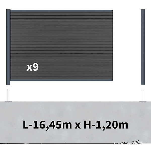 Kit Clôture Composite sur Muret SANTOS Ardoise 16,5x1,2m - Bois composite &Aluminium - Poteaux sur Platines Gris - Brise vue