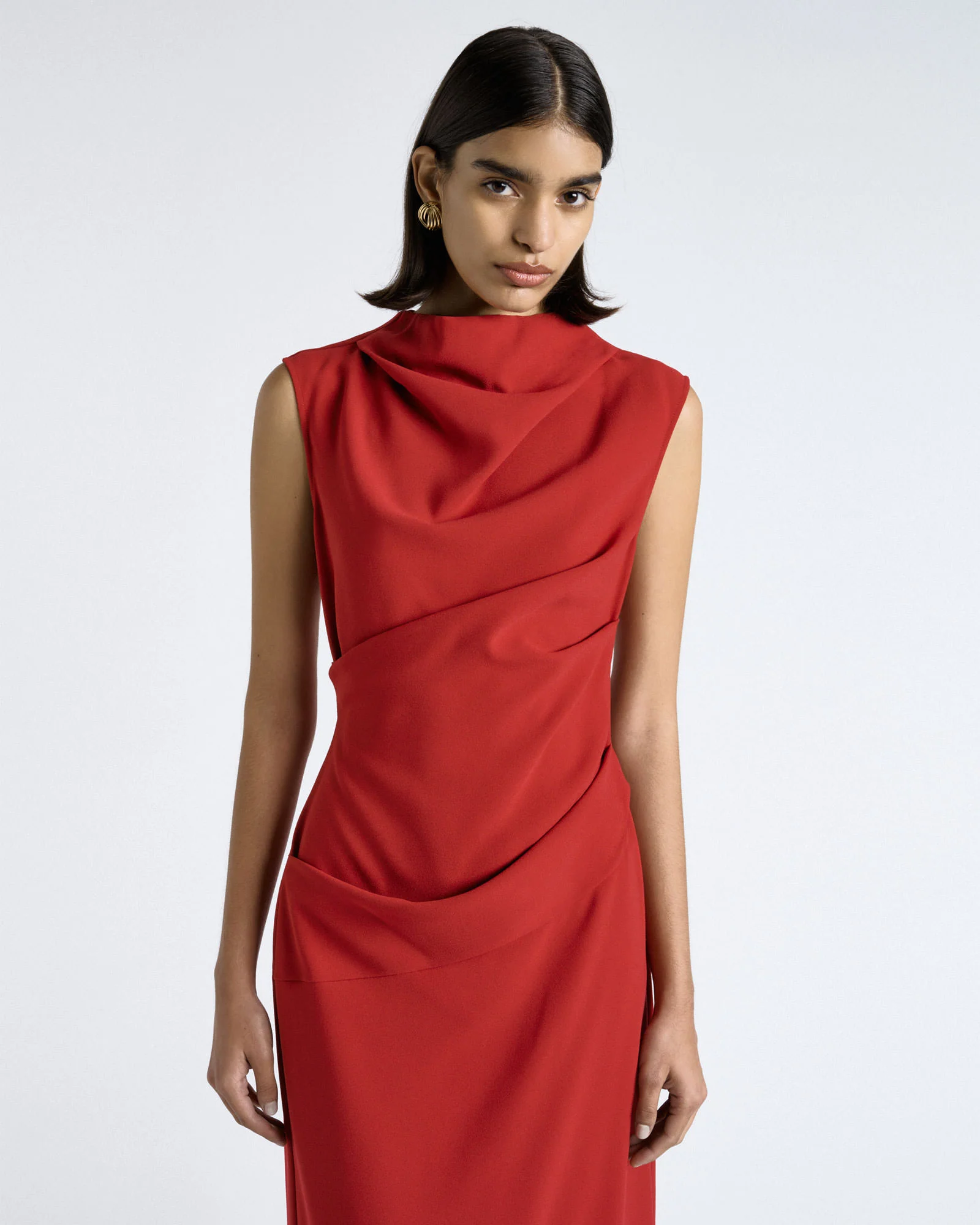Cherry Crepe Draped Midi Dress