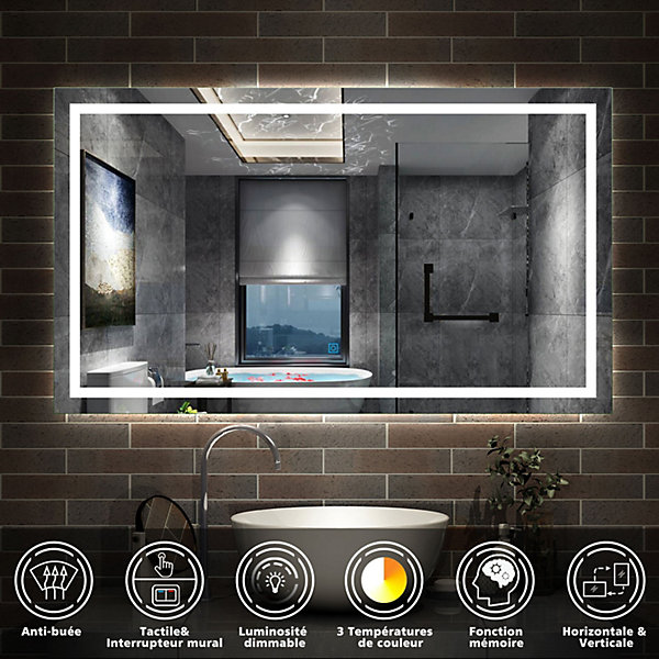 Miroir de salle de bain 150x80cm Tri-color anti-buée LED avec mémoire et lumière gradation, AICA SANITAIRE