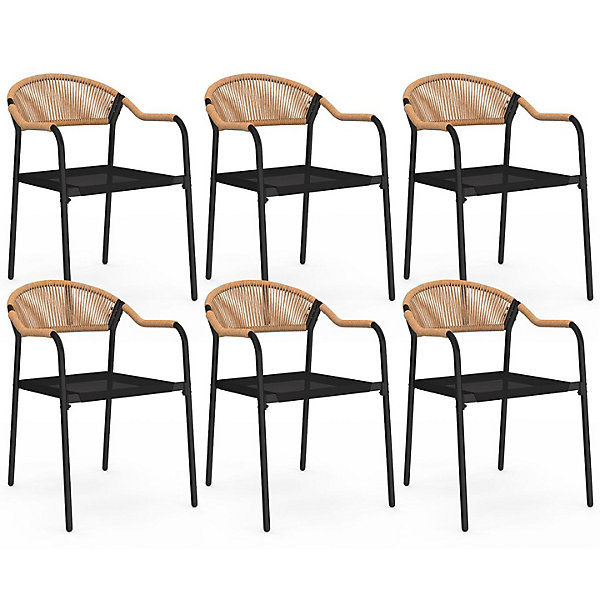 Lot de 6 chaises de jardin MADEIRA métal, cordage et textilène noir et rotin clair