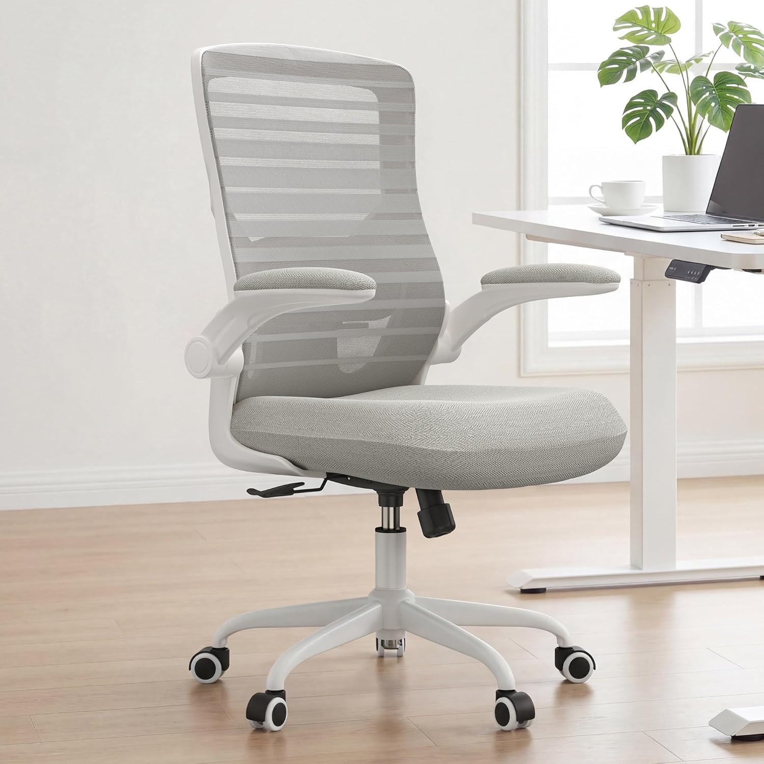 Office Chair for Long Hours & Back Pain Relief – 4 Thick Molded Foam Cushion, Padded Lumbar Support and Flip-up Armrests, Ideal for Office or Study, Light Gray
