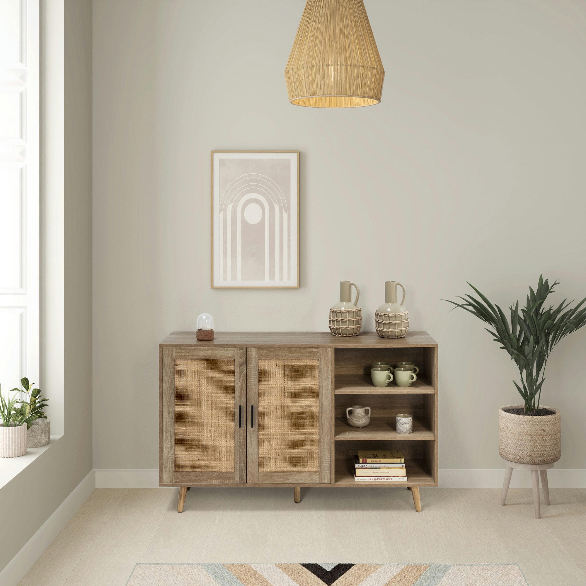 DALIA - Buffet 2 portes et 3 niches couleur chêne, 120 cm largeur