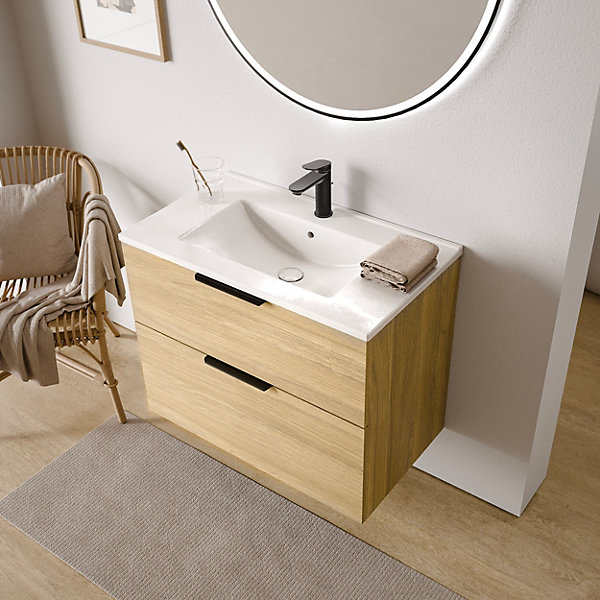 Meuble vasque Beige de salle de bain 80x46x62cm (LxPxH)   vasque céramique, 2 tiroirs, Poignées Noir mat - TIM80