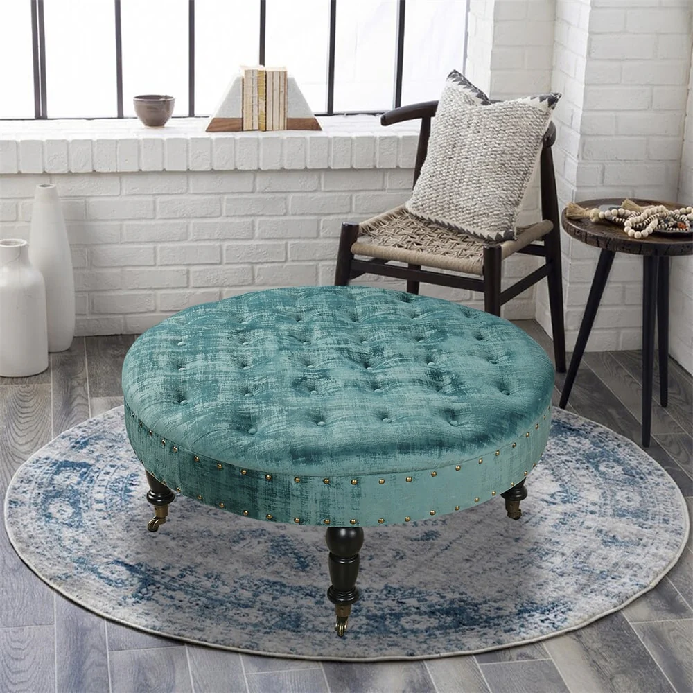 Round Velvet Tufted Coffee Table Ottoman, 34 x 34 x 17 H