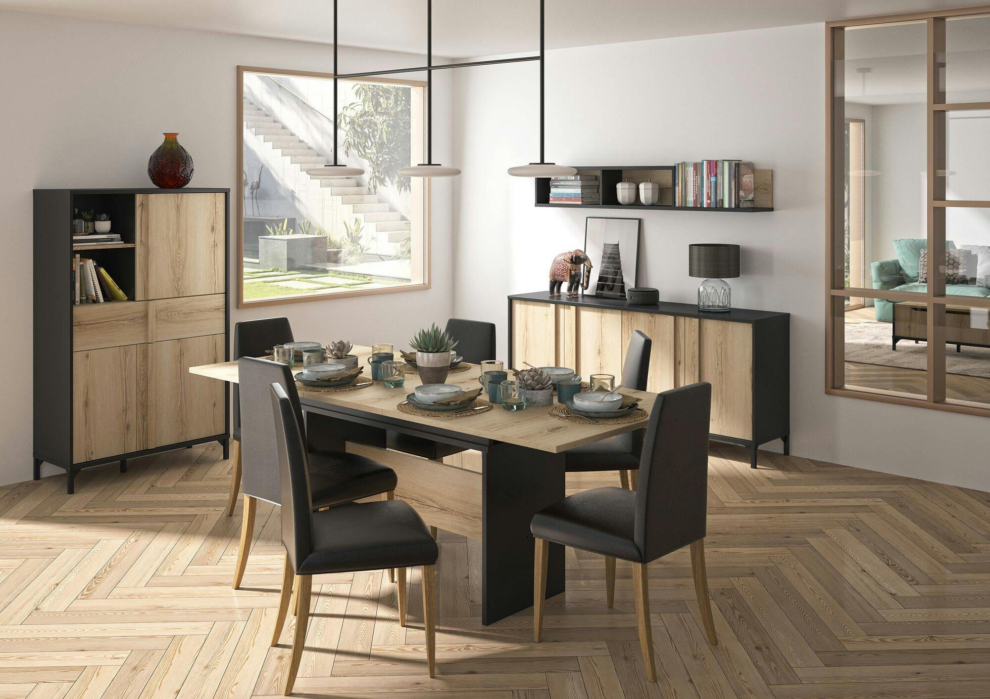 GARLONE - Buffet 4 portes effet bois et noir