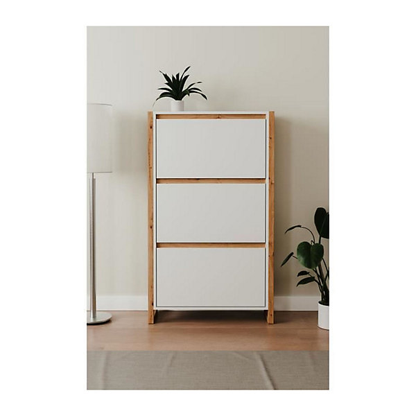 Meuble a chaussures - DENVER 49A - Blanc / Chene - 70 x 25 x 125 cm