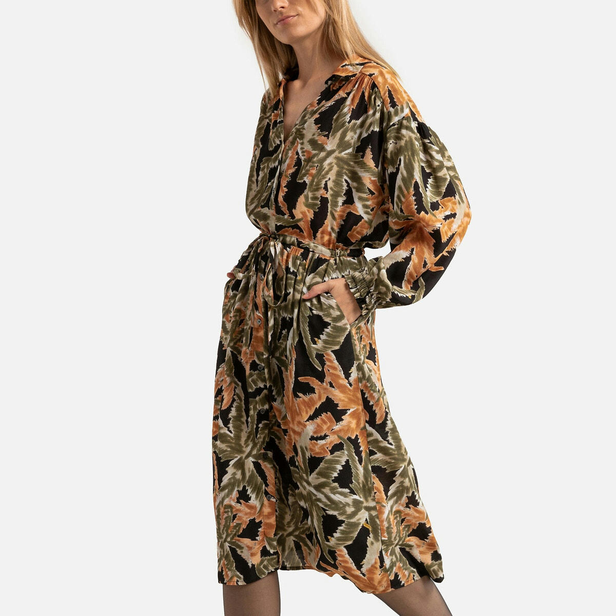 Robe midi imprimée, manches longues