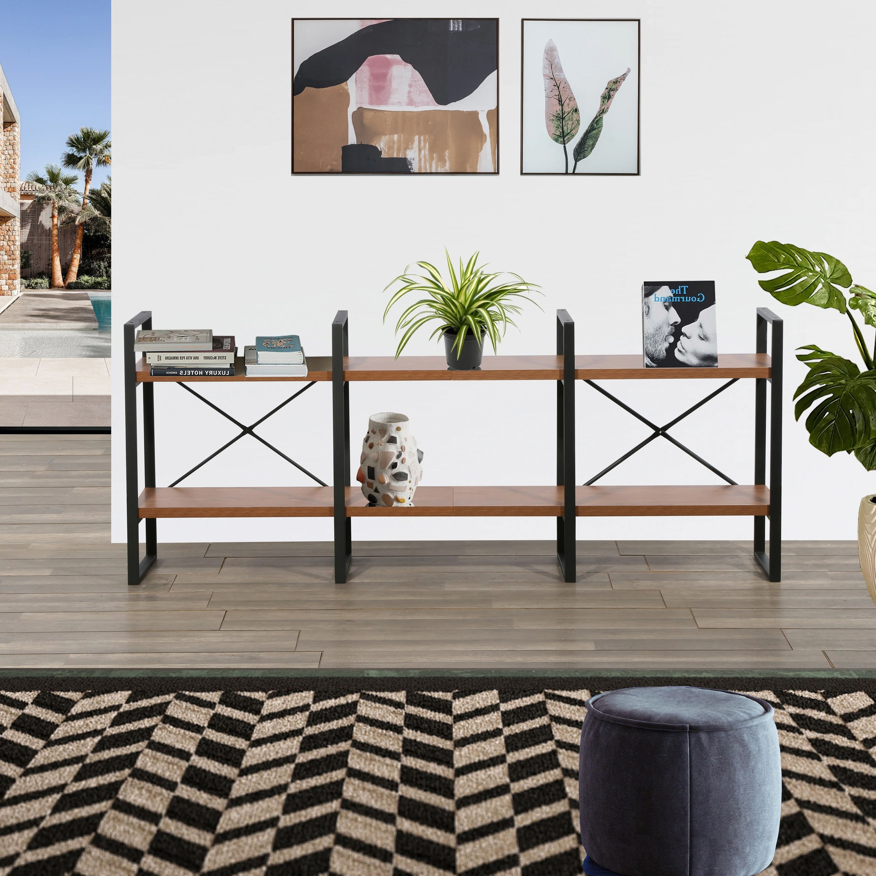 Wilfred Adjustable JD Walnut Wood and Metal Display and Steel Etagere Bookcase - 70.86'' x 28.35'' x 12.52''