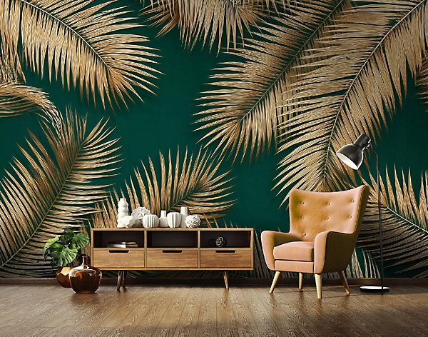 Papier Peint Panoramique Intissé Feuilles Abstrait Vert - 350x250 cm - Papier Peint Chambre et salon
