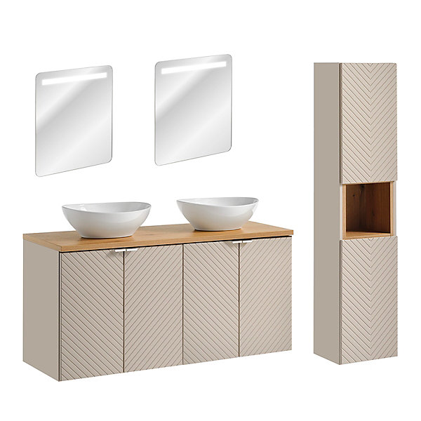 Ensemble meuble double vasque 120cm 4 portes miroirs LED et colonne Manoa Cachemire et Bois