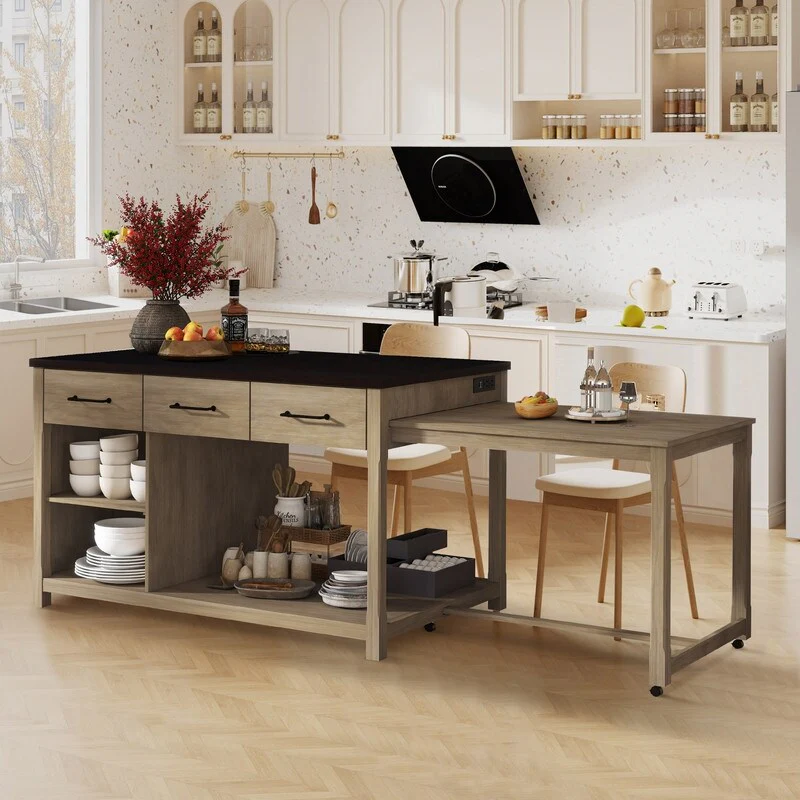 60-98.7 Extendable Kitchen Island on Wheels with Drawers and Open Shelves and Built-In Power Outlets