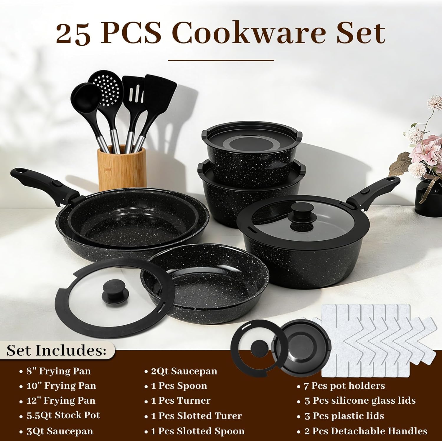 Pots and Pans Set - Non Stick 25 Pieces Cookware Set Pots and Pans with Detachable Handles, Includes Pans, Pots, Utensils, Trivets for Hot Dishes, Lids, Space-Saving Cookware
