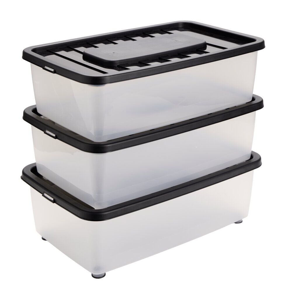 Box dessous de lit 25L x3 plastique transparent couvercle noir 56x37xH18cm
