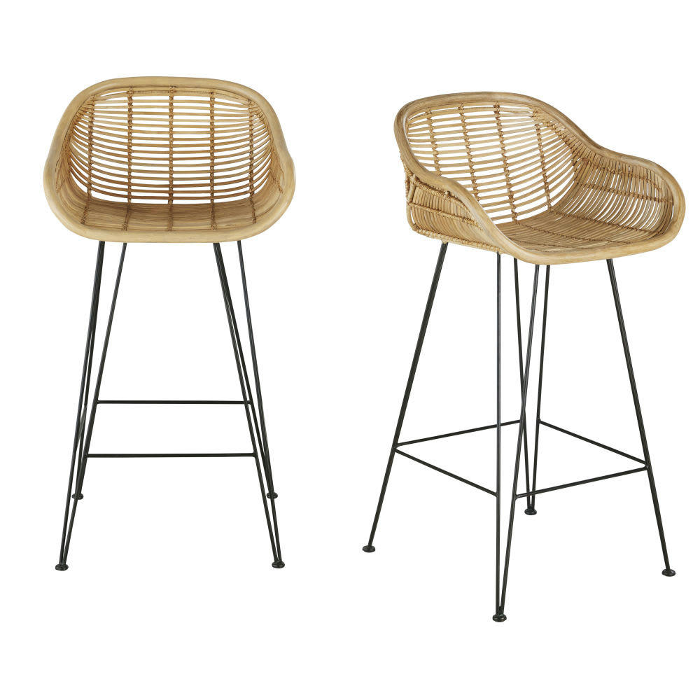 Pitaya - Fauteuils de bar en rotin et métal noir H76 (x2)