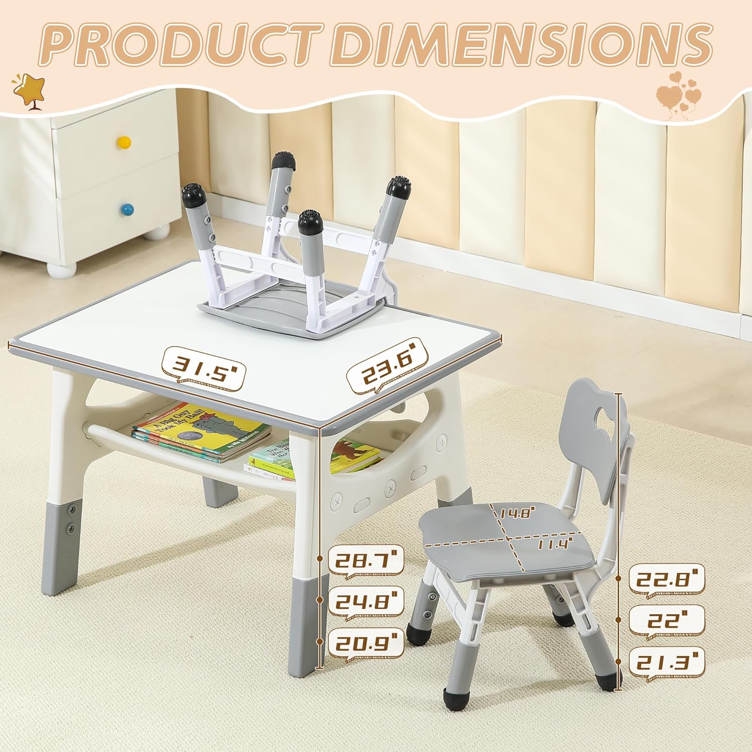 Toddler Table and 2 Chairs, Kids Multi-Activity Table with Graffiti Desktop, Height Adjustable Kids Table and Chair Set, Ages 3-8